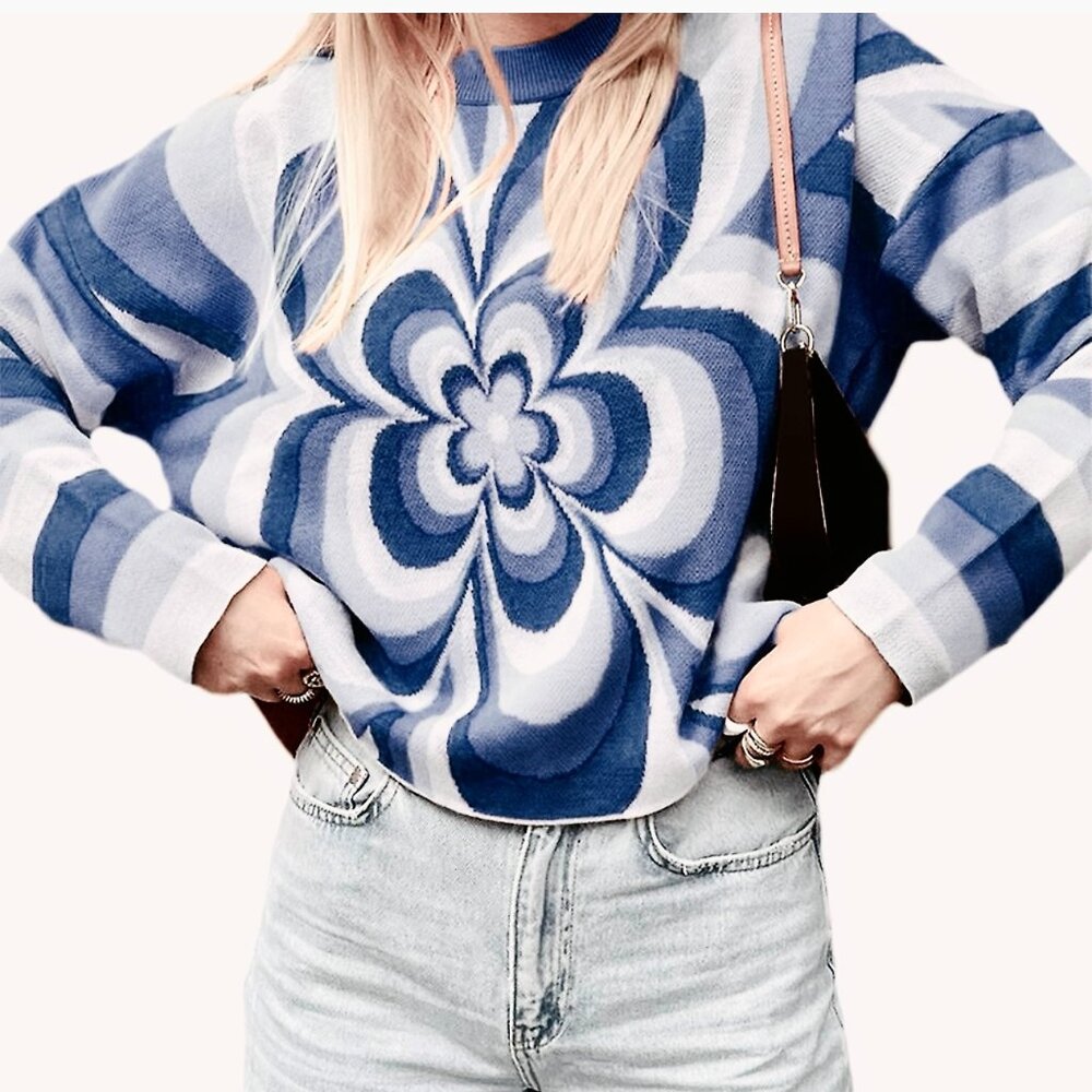 NEW! Just Polly Knit Sweater Blued‎ & White $49 Junior Plus 2X  Stripes & Flower
